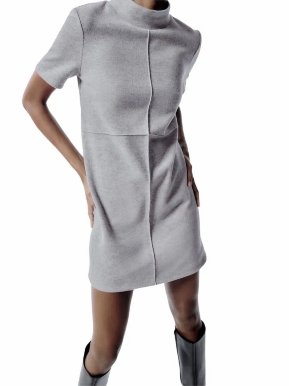 NEW Zara Cotton Blend Reverse Seam Short Sleeve Mini Dress - Grey - Picture 2 of 8